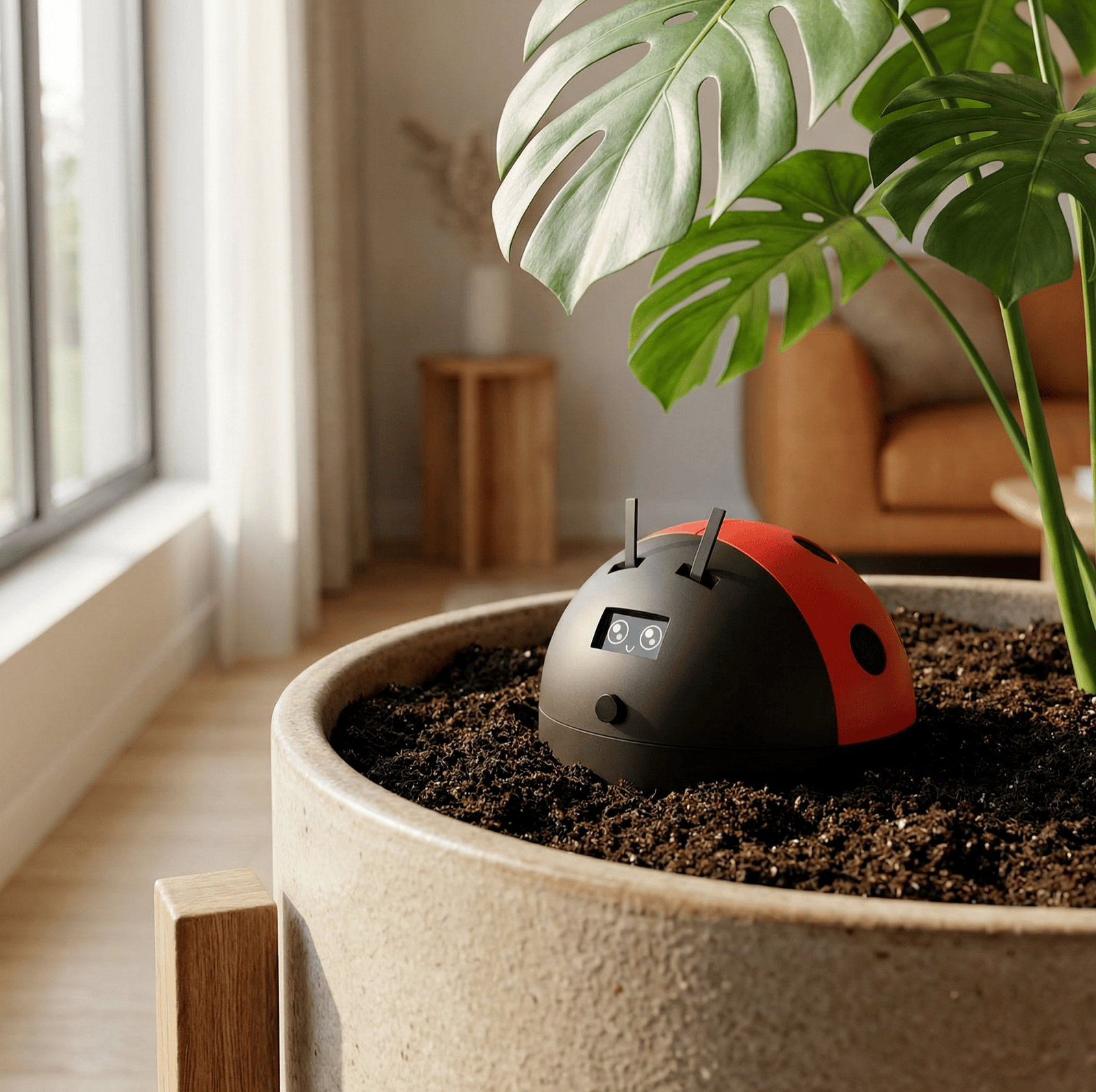 Plantfriend ladybug sensor in a planter beside a monstera